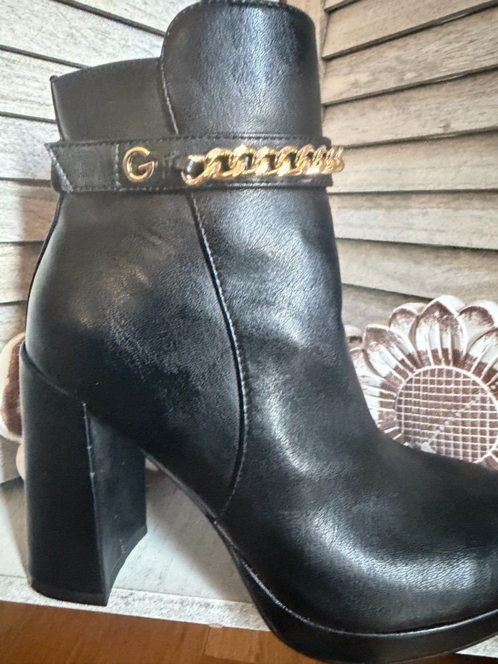 G by Guess Black Ankle Boots with Gold Chain Detail